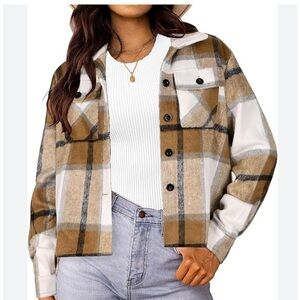 Hotouch flannel cropped button down shirt size medium brown black cream top NWT